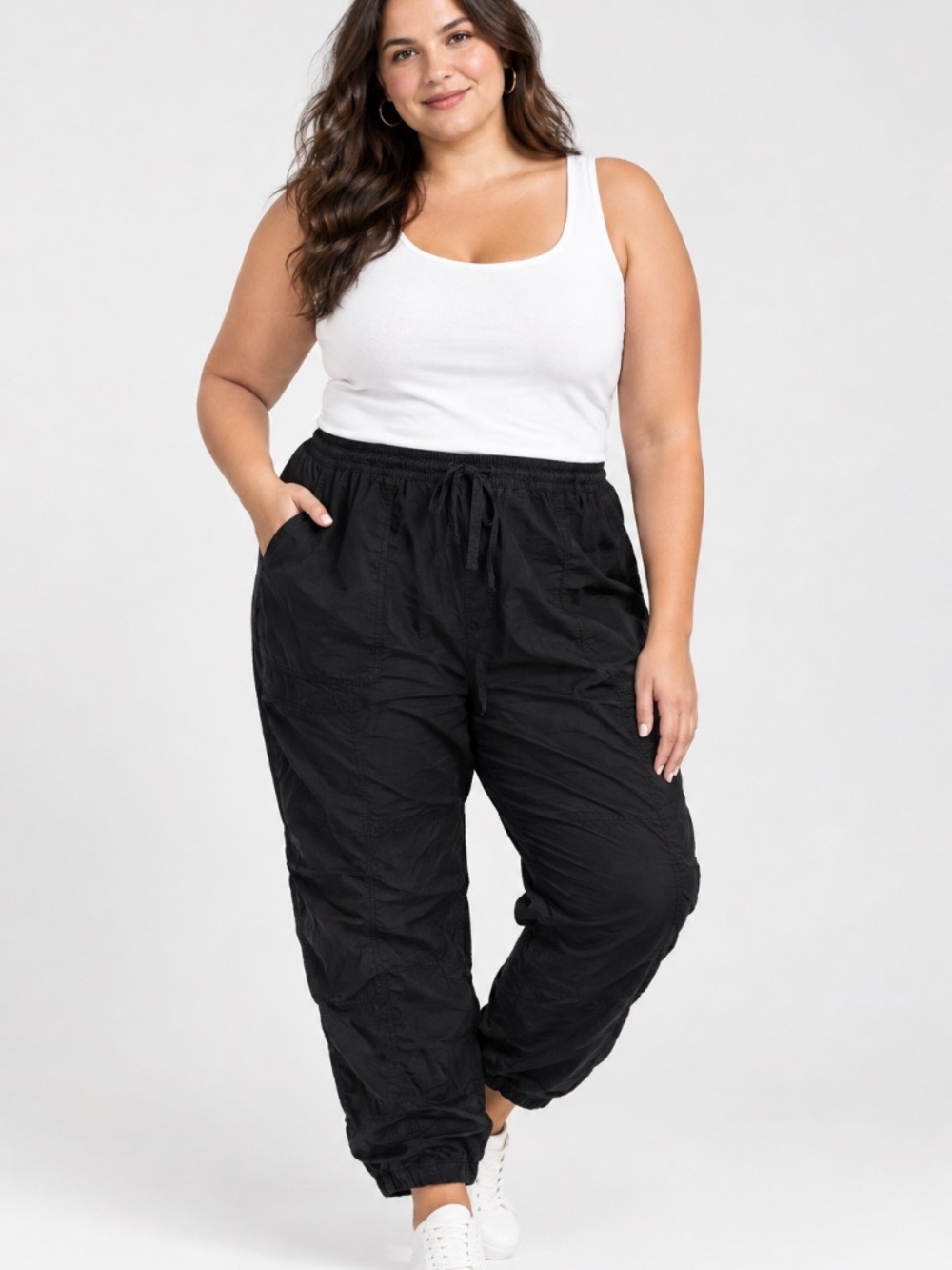 Lane Bryant Elastic Waist Pants 26/28 Lyocell Black Chinos w/Drawstring Joggers
